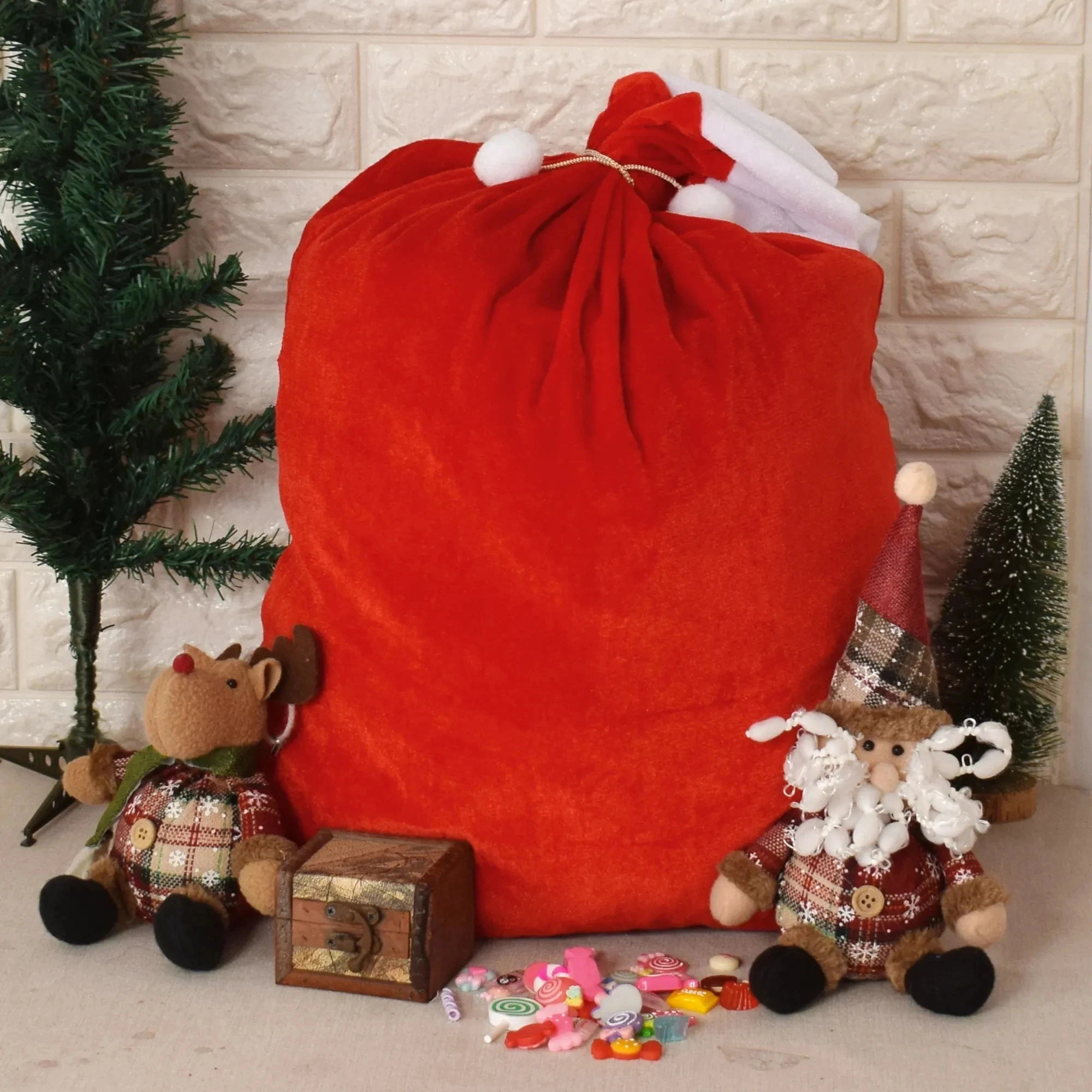 Christmas Large Santa Claus Bags with Drawstring Cord Velvet Santa\'s Present Sack Bags 70x50cm for Xmas Kid Gift Toys Decoration