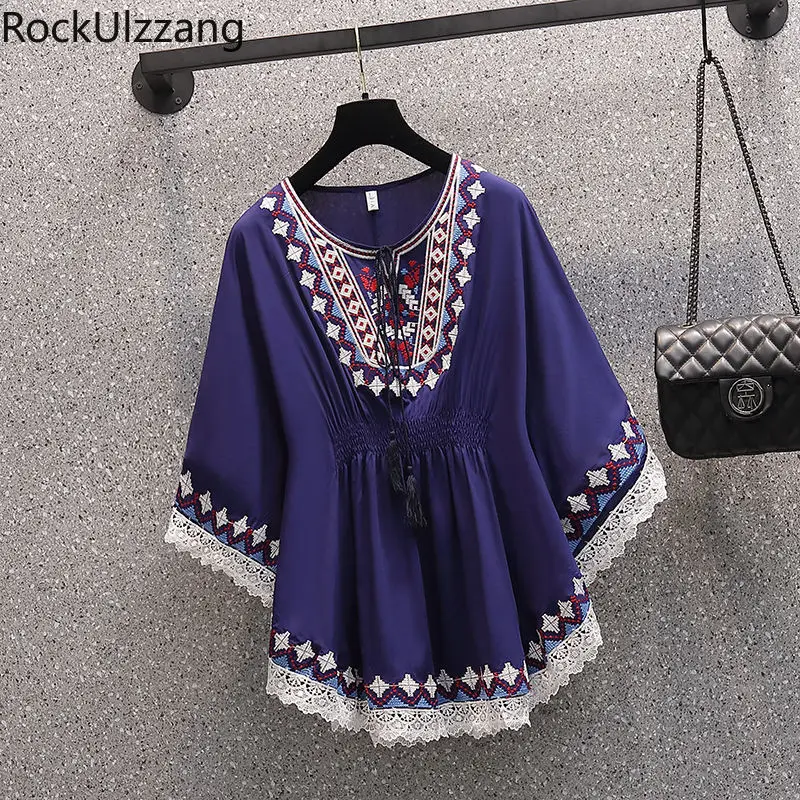 Lace-Up Tassel Neck Embroidery Folk Lace Frill Chiffon Shirt Women Fall Summer Loose Blouse Boho Casual Fashion y2k Blusa Ladies