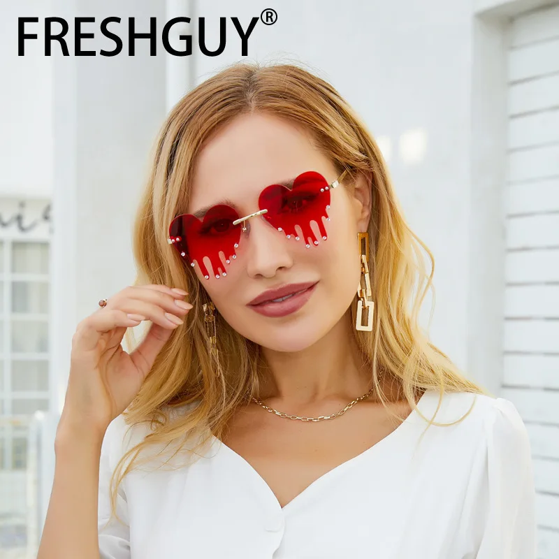 FRESHGUY Fashion Women's Glasses Stylish Diamond Melt Heart Sunglasses Personality Design 2024 New Gafas De Sol