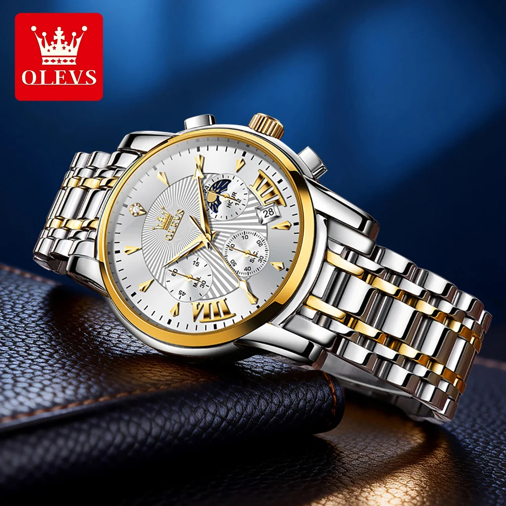 OLEVS 2892 Quartz Movement Watch For Men 24-Hour Moon Phase Timing Calendar Window 30m Waterproof Night Light Function Watch