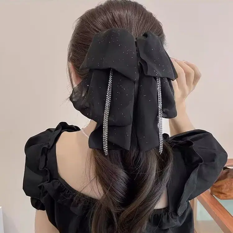 

Women Girls Hair Accessories Spring Autumn Hair Claw Fashion Mesh Bow Black Hairpins Fashion Solid Tie Ponytail Black Hair Clips