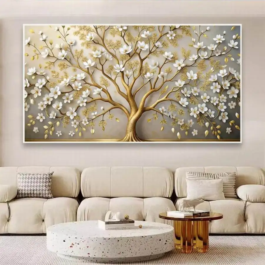 Fullcang Diy Big Size Diamond Painting New 2024 White Flower Golden Tree Full Mosaic Embroidery Landscape Picture Wall Decor