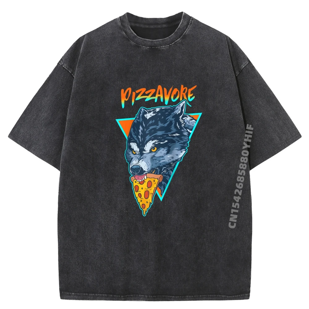

Pizzavore Pizza Pun Wolf Retro 90s Vaporwave Raglan Streetwear Men's Cotton Breathable Washed T-shirt Print