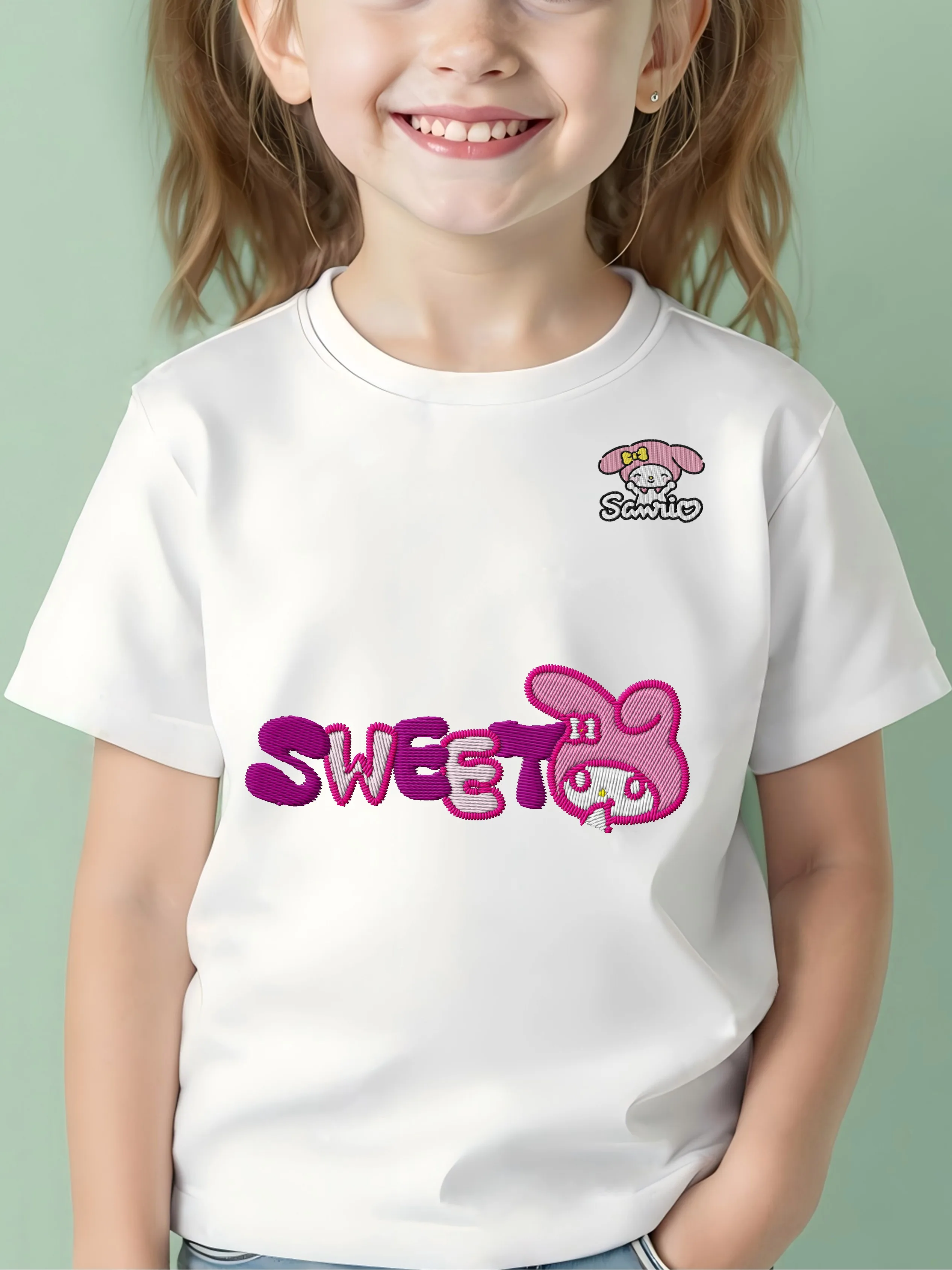 

Embroidery Melody Pure Cotton 3D Printing T-shirt for Girls 2025 Kids Clothes Children Top Top Girls' Summer O-neck Girl Mother