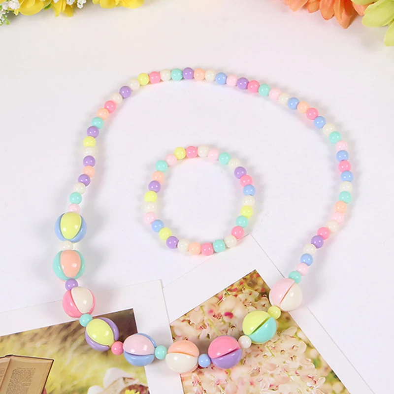 2pcs/set Candy Color Beads Jewelry Cute Flower Bow Strawberry Necklace Bracelet Sets for Kids Party Jewelry Girl Birthday Gift