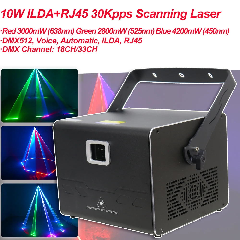 

10W RGB Laser ILDA RJ45 DMX 30kpps Profession Animation Lasers Canner Disco Licht DJ Laser Stage Show Bar Xmas Club Effect