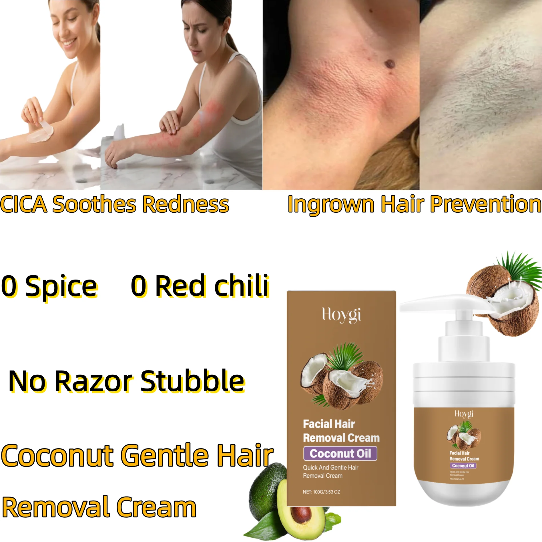 Coconut Gentle Hair Removal Cream,Pain Free Dissolving Tech,Centella Asiatica Calming Relief,Zero Stinging,Zero Redness,Softens New Hair Roots,Eliminates Prickly Stubble Irritation,Ingrown Hair Prevention,Silk Satin Dewy Luminous Skin,Cruelty Free&Vegan