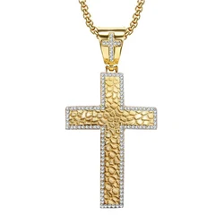Iced Out CZ Large Big Cross Pendant With Chain Gold Color Stainless Steel Men Necklace Hip Hop Bling Bling Jewelry N1492