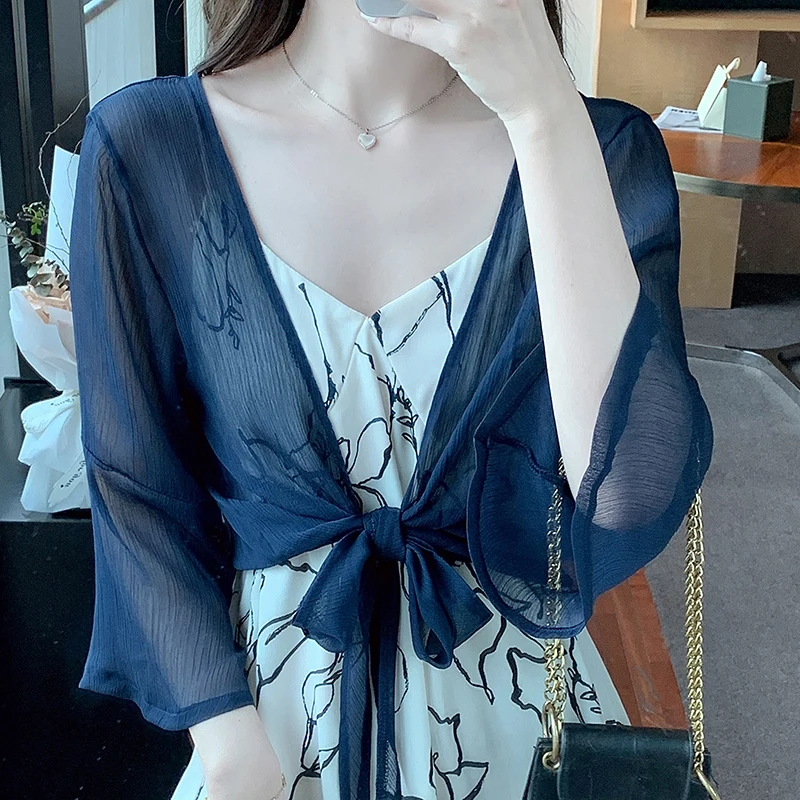 Women's Tie-Front Thin Sheer White Red Navy Blue Chiffon Shirts Elegant Ladies Flare-Sleeve Shrug Top Summer Boho Short Cardigan