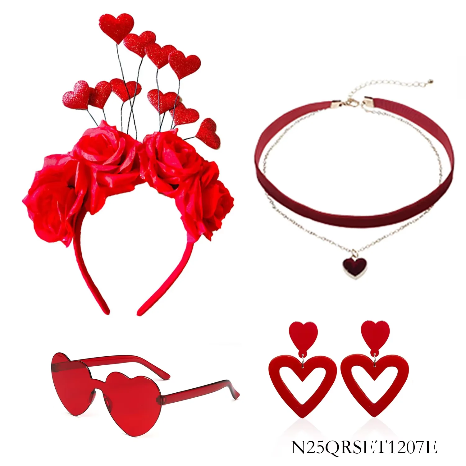 PESENAR Valentinstag Rote Rose Herz Zubehör Set Stirnband Halsband Brille Ohrringe