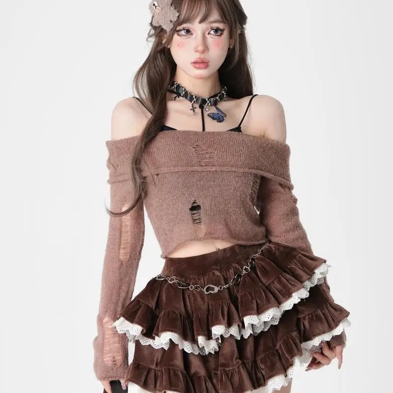 Brown Corduroy Cake Skirt Autumn/Winter New Korean Style Spicy Girls High Waist Slimming Lace Spliced Short Skirts for Women