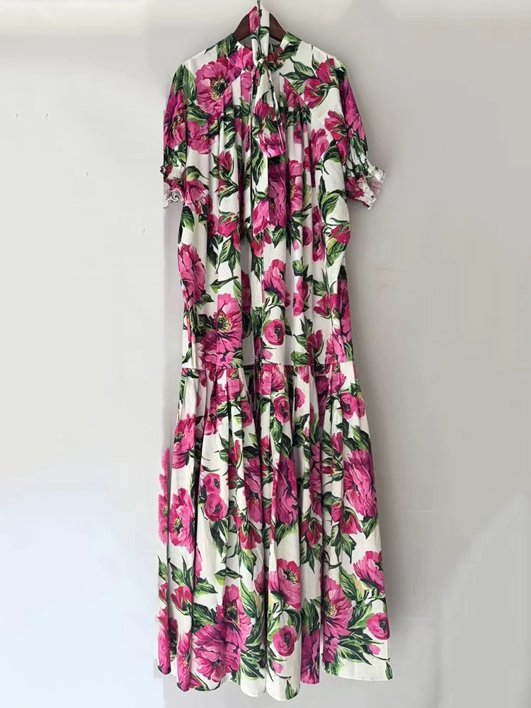 2025 여름 여성 빈티지 프린트 라운드 넥 싱글 브레스트 레이스 업 신치 웨이스트 드레스와 주름진 루즈 푹신한 스커트