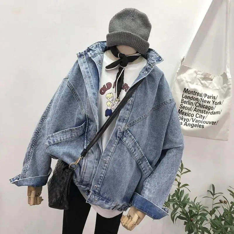 Spring and Autumn Denim Coat Female Loose Bat Sleeve Big Pocket Denim Shirt Vintage Tooling Snow Color BF Jeans