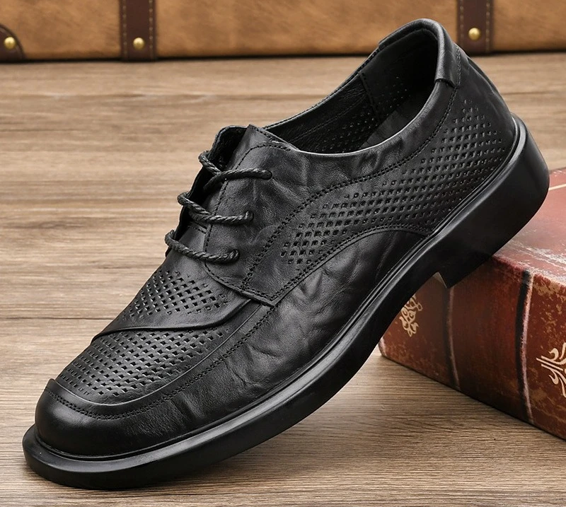 Breathable First Layer Cowhide Lace Up Soft Top Men's Casual Business Shoes, Hollow Men's Leather Shoes