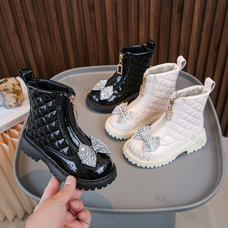 Children Ankle Boots 2026 Autumn Winter New Bowknot Rhinestone Girls Soft-sole Non-slip Princess Leather Shoes Kids Short Boots