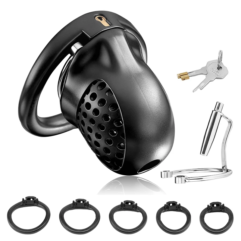 Plastic Male Chastity Cage with 5 Rings & Metal Urethral Sound, Cock Cage Device Orgasm Denial Penis Restraint Anti-Cheat Lock