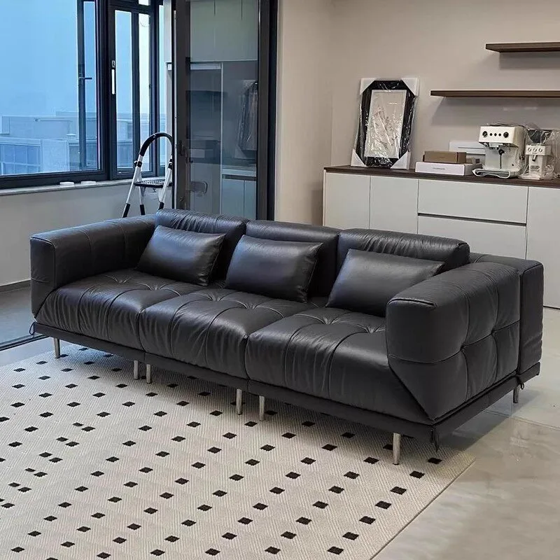 Straight row deformed four-person living room black first-layer cowhide designer sofa