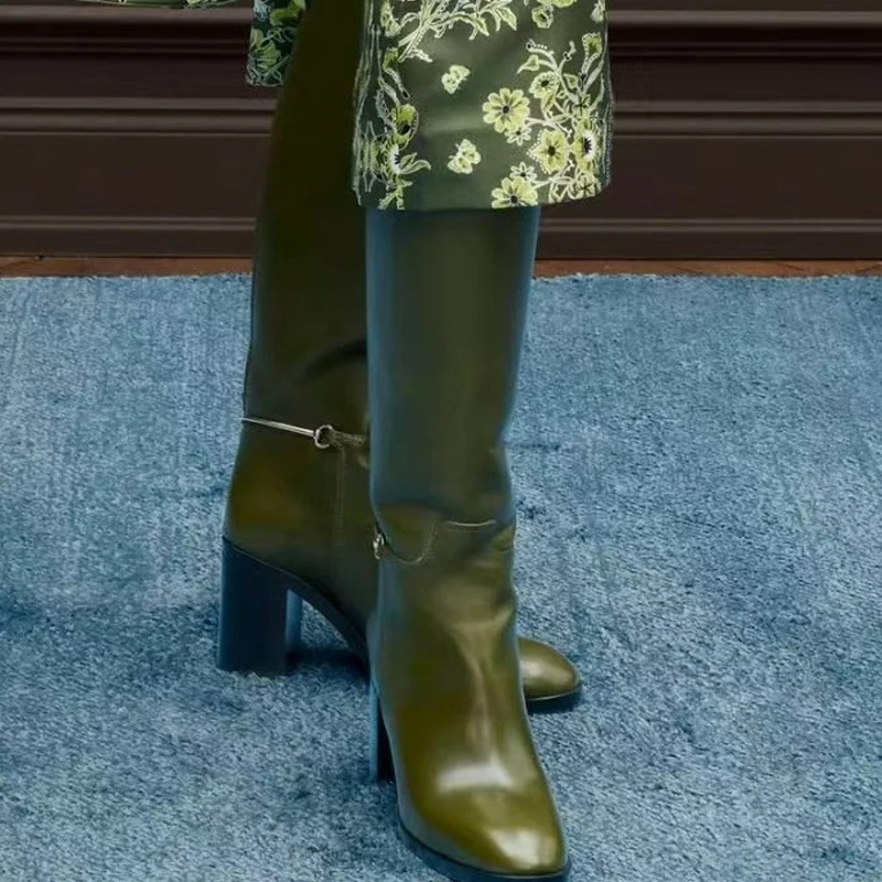 Bottes d'équitation à talons épais pour femme, vert Olive, hauteur des genoux, bordeaux, bout rond, talons hauts, longues, chaussures à la mode, hiver 2026