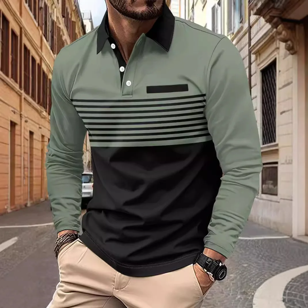 

Fall new style men's clothing T-shirt, men's casual striped lapel long-sleeved polo shirt