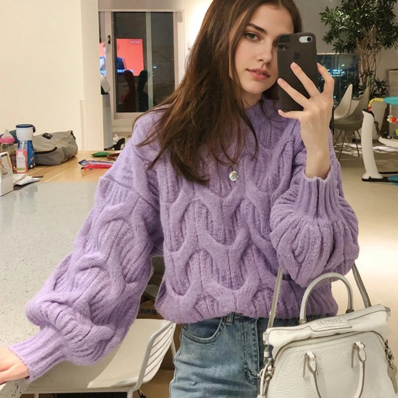 

Winter New Casual Loose Thick Twisted Knit Korean Sweet Lantern Sleeve O-neck Sweater Women's Autumn Pullover Elegant Knitwear