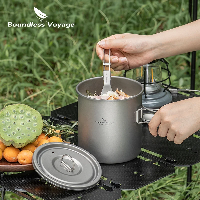 

Boundless Voyage Titanium Camping Pot 1400ml Ultralight Backpacking Cookware with Folding Handle & Lid for Outdoor Hiking Travel