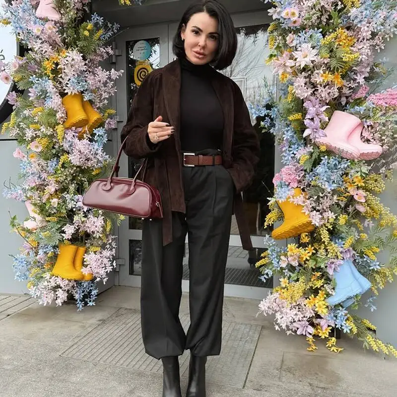 

Tornova Retro Suede Long-Sleeved Coat Female V Neck Lace Up Jacket 2025 Autumn Winter New Commute Office Lady Outerwear