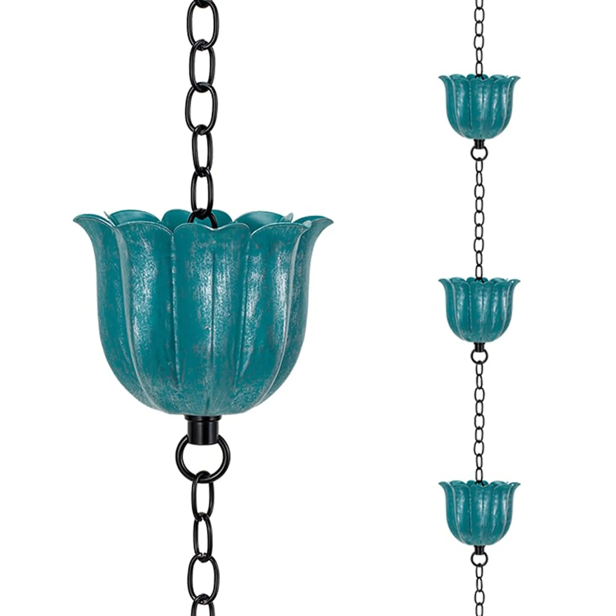 8 ft Adjustable 10 Lotus Cup Rain Chain with Bell, Decorative Downspout Replacement for Outdoor Gutter Eaves Drainage