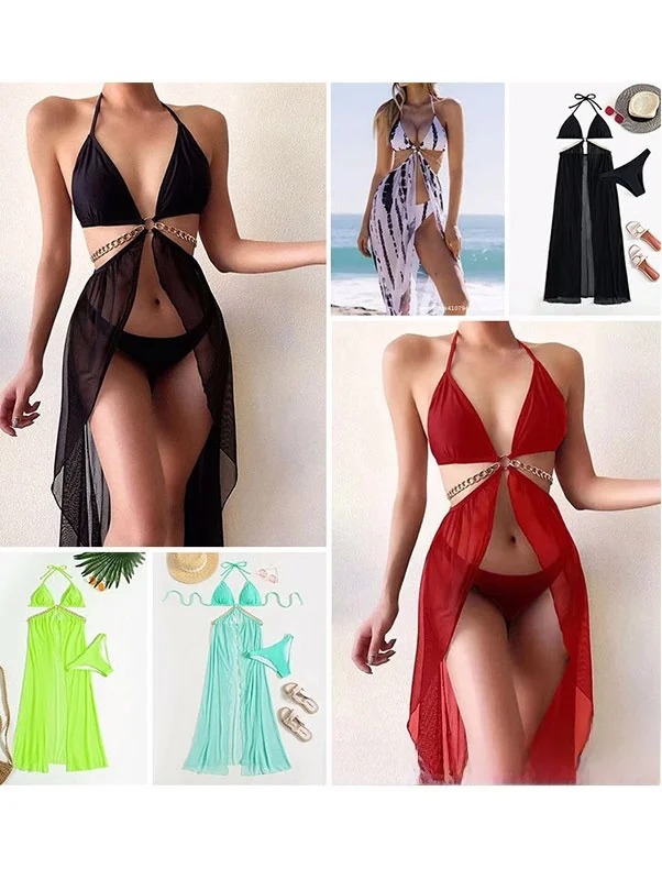 

2026 Tee-Piece Metal Chain Bikini Swimsuit Polyester V-Ne Women's Thermal Use Skirt Sle Separate Swimming Suits