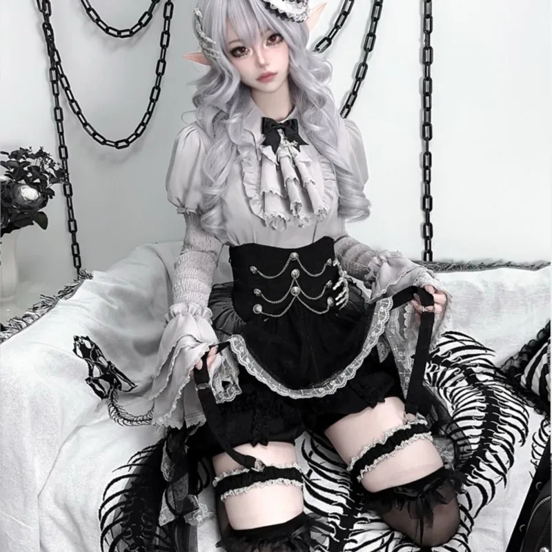 Gothic dark style lantern long sleeve dress set