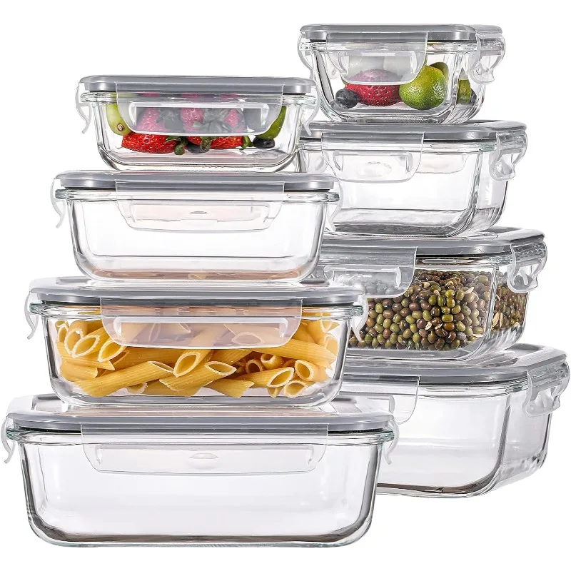 8 Pack Glass Food Storage Containers with Lids, Meal Prep Containers, Airtight Bento Boxes with Leak Proof Locking for Microwave