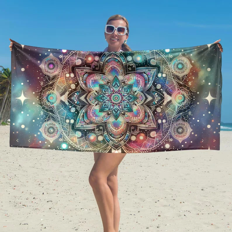 Celestial Bloom Beach Towel Radiant Cosmic Tie-Dye Design Sunny Days Poolside Lounging Festival Lovers Fractal Art Enthusiasts