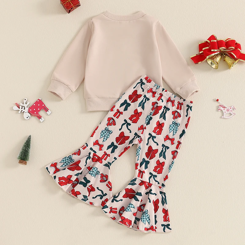 Lioraitiin  Toddler Girl Christmas Outfits Bow Print Crew Neck Long Sleeve Sweatshirt with Flare Pants Set