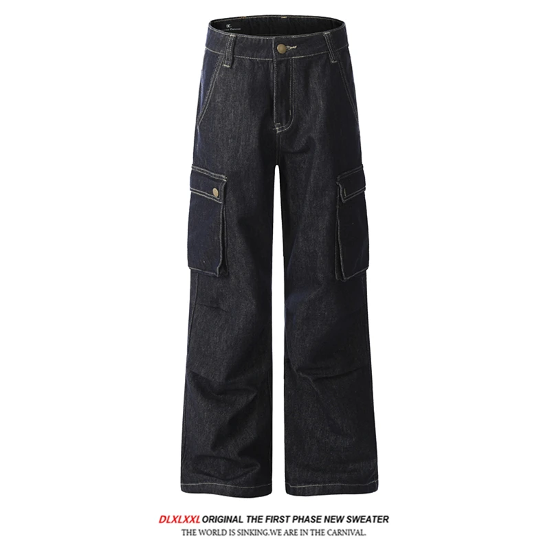 

Retro American Sle Men's Loose Straight Leg Denim Work Trousers Multiple kets Folded Cuff Trendy Spring Autumn Jeans