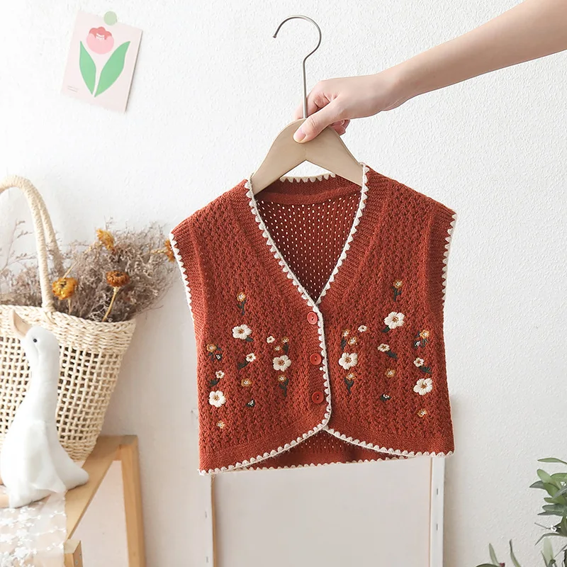 Beauty Children's Jacquard Vest 2025 Spring Autumn New Korean Style Girls Embroidery Sleeveless Sweater Flowers Cardigan IY06241