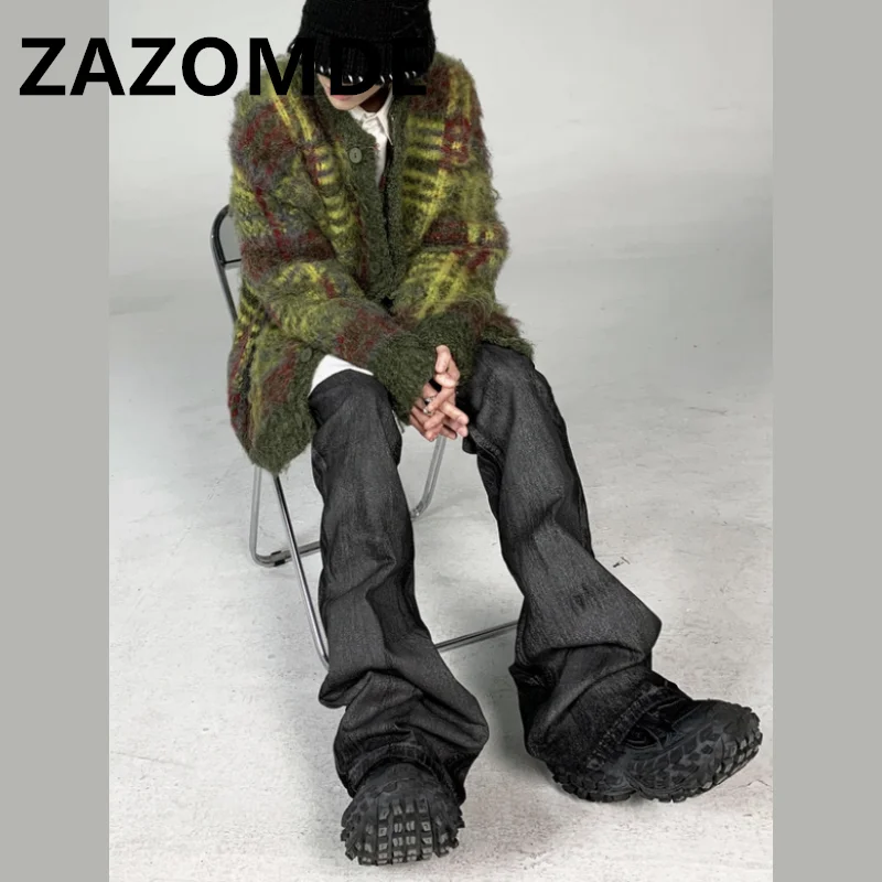 ZAZOMDE Wihter-cárdigan verde a rayas Vintage para hombre, jersey de gran tamaño con botones, Harajuku, Top de punto holgado de Hip Hop