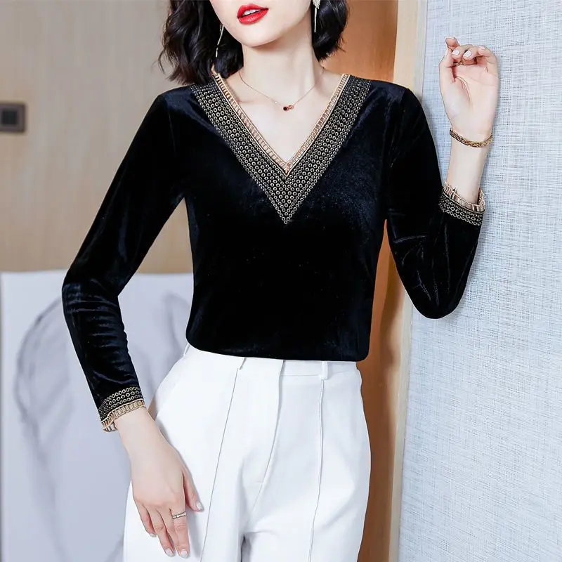 Golden Velvet V-Neck Top Autumn/Winter New T-shirt Fashion Solid Color Long Sleeve Bottoming Shirt M-4XL