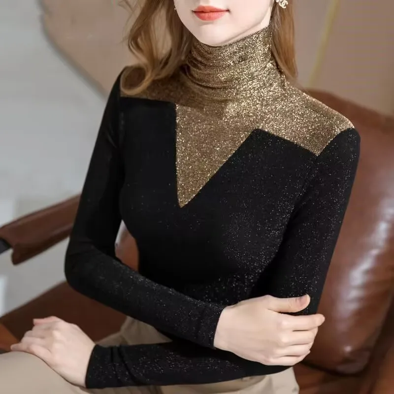 Bling Gold Color Matching Base Shirt High Collar 2026 Spring Autumn Women T Shirt Casual Long Sleeve Slim Stretch T-shirt Tops