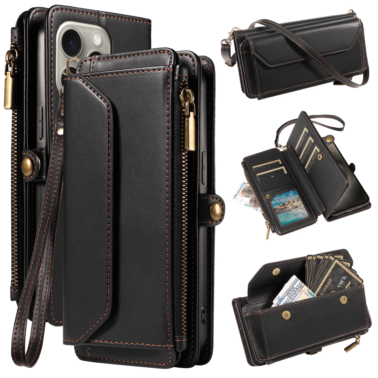 Handyhülle im Wallet-Stil mit mehreren Kartenfächern (langer Riemen + kurzer Riemen) für iPhone 17/16/15/14/13/12/11 Pro Max, Schutzset mit Münzfach, Umhängegurt, Anti-Fall-Kunstlederhülle – Detail 6