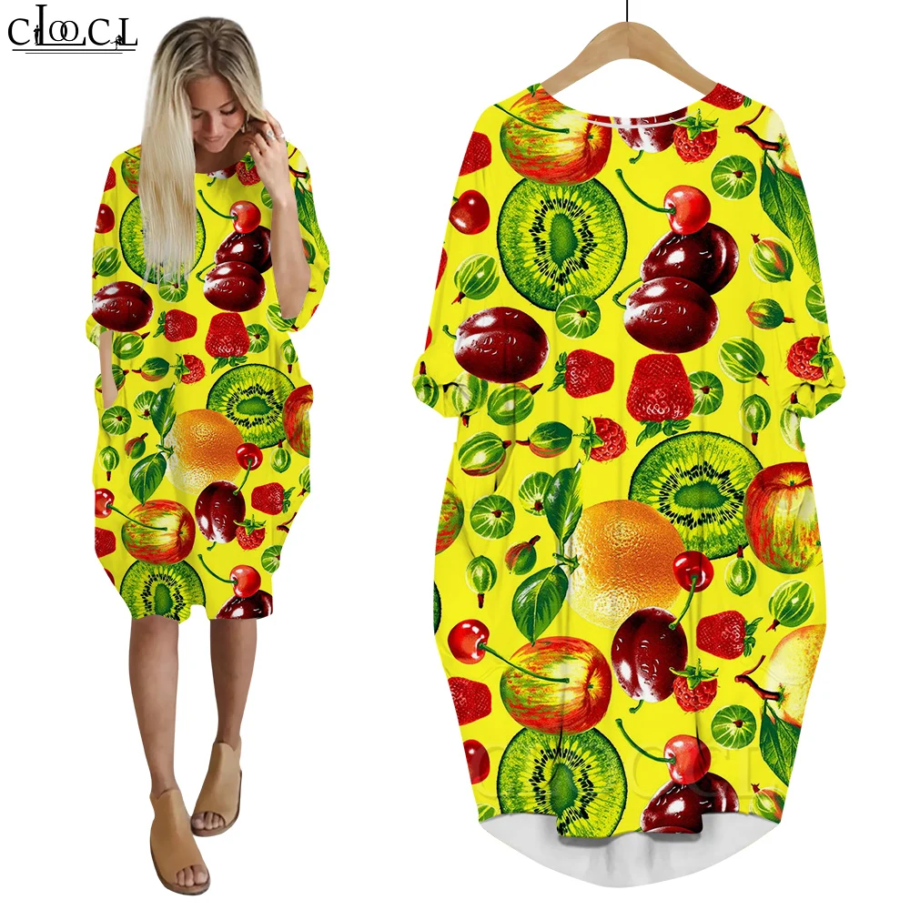 CLOOCL Dress Long Sleeve Crew Neck Pullover Colorful Fruit Series Pattern Knee-length Vestidos Loose Fitting Tasty Berry Dresses