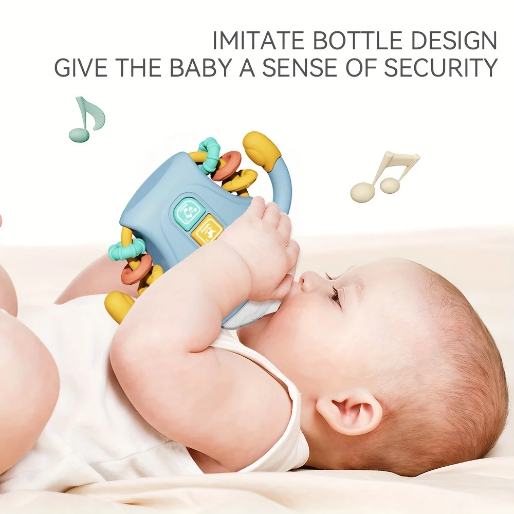 1 Pcs Baby Soother Bottle Hand Rattle, Musical Light Rattle Toy, Food Grade Safe Silicone Teether for 0-24 Months Perfect Gift