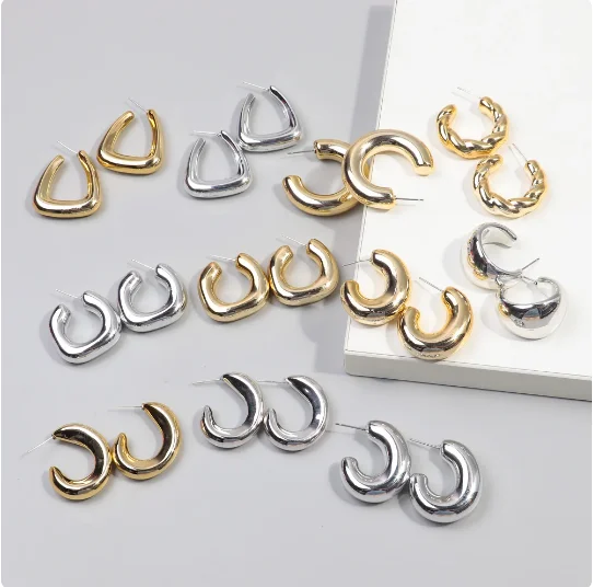 New Minimalist Thick Metal Hoop Earrings for Women 2023 Geometric Simple Round Gold Silver Color Earring Fashion Jewelry Gifts