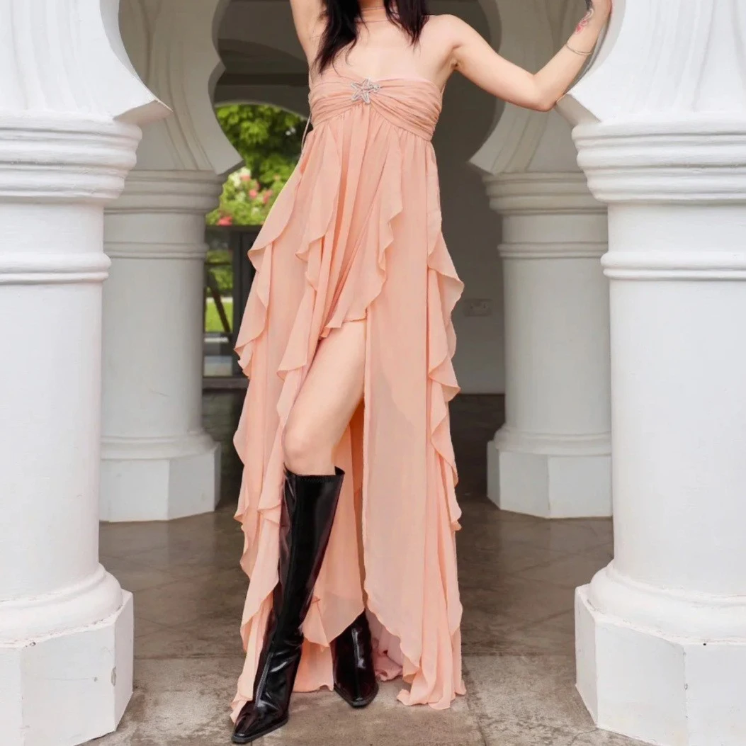 Roze Assymmey Ruches Chiffon Jurk Vrouwen Halter Mouwloze Elegante Kleding Dame Streetwear Elegante Vestidos Bodycon