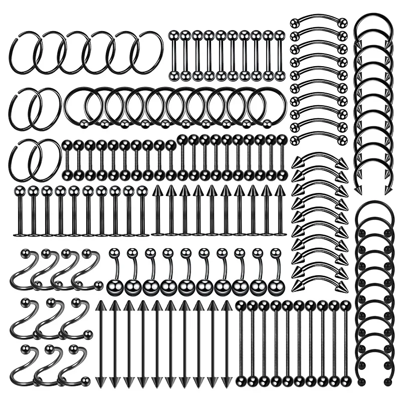 

150PC Surgical Steel Body Piercing Jewelry Lot Bulk Nose Ring Tongue Bar Lot Eyebrow Labret Piercing Set Horseshoe Ring Lot Pack