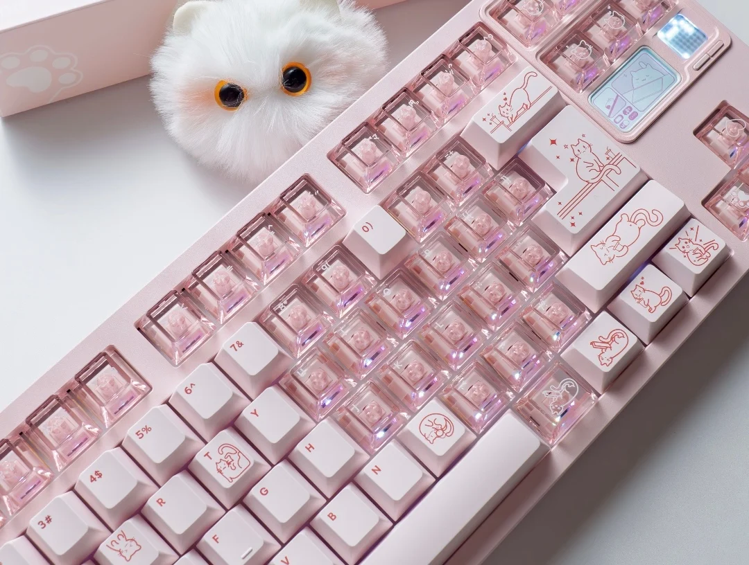 Cat Sauce Theme Pink Keycaps Set PBT PC Keyboard Caps Transparent Cherry Profile Keycaps for Mechanical Keyboard Accessories