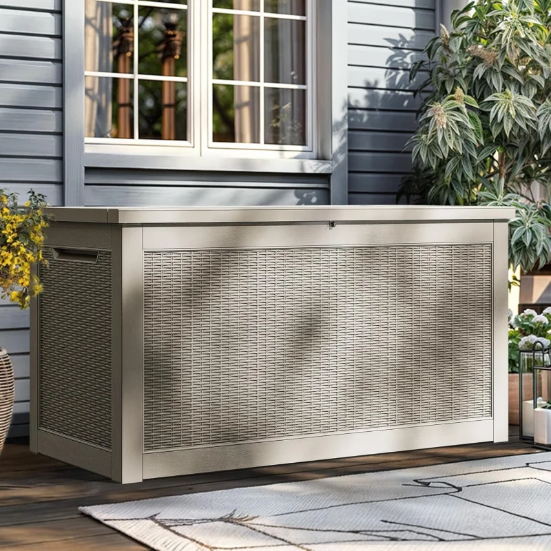 

320 Gallon Lockable Outdoor Storage Box, Resistant Resin Deck Box, Brown Indoor Outdoor Container Patio Cushions