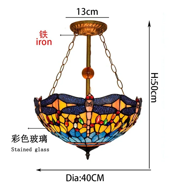 16 Inch Retro Dragonfly Light Tiffany Stained Glass Restaurant Bar Club Room Round Ceiling Led Lamp for Bedroom House Home