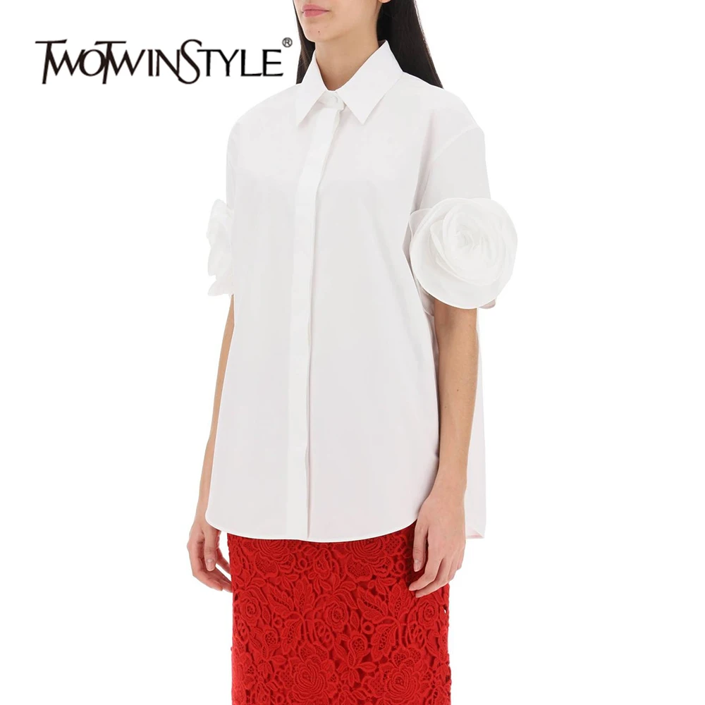 

TWOTWINSTYLE Solid Spliced Appliques Minimalist Shirts For Women Lapel Short Sleeve Patchwork Causal Blouses Female Fashion New