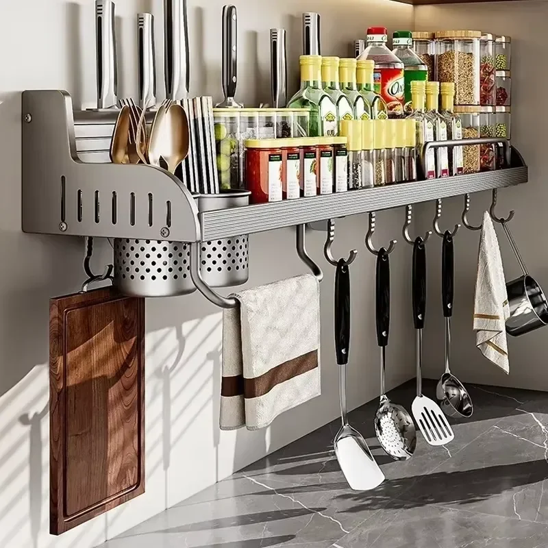 No Drill Kitchen Shelf, Wall-Mounted Multi-Functional Chopstick and Knife Rack, Seasoning Storage and Hanging Rack