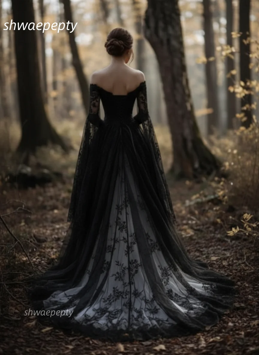 Medieval Renaissance Period Wedding Dress Black and Ivory A-Line Fantasy Bridal Gowns Off-Shoulder Long Sleeves Customized