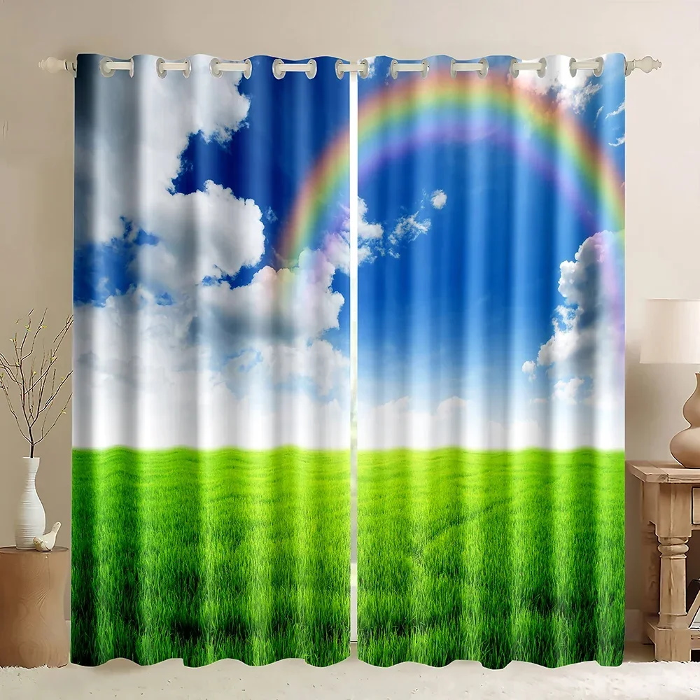Rainbow Window Curtains,Meadow Tree Rainbow Blue Sky White Cloud Realistic Landscape Pictures Rainbow Natural Scenery Theme